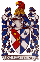 The Armorial Bearings of Richard McNamee Crossett - The son of Jesse Hawkins Crossett and Agnes Rose Dowden Crossett; and father of Richard McArthur Crossett (1107); Virginia Rush Crossett (1108); Jonathan
Dowden Crossett (1109); and Clay Duncan Crossett (1110); by Maurine McArthur Crossett, B.S. - Per pale Argent and Azure, on a saltire per pale Gules and Argent in fess point a fleur-de-lis per pale Or and Azure, in dexter chief a mullet Or and in sinister chief a mullet Azure. Above the Shield is placed a Helmet with a Mantling Azure doubled Argent, and on a Wreath Argent and Azure is set for Crest, an eagle�s head erased, per fess embattled Gules and Or, beaked Or, langued Gules, and in an Escrol below the Shield
this Motto: �Do Something.� Registered: The American College of Heraldry, 2 August 1993, Number 1106. Design and Art: Richard McNamee Crossett.